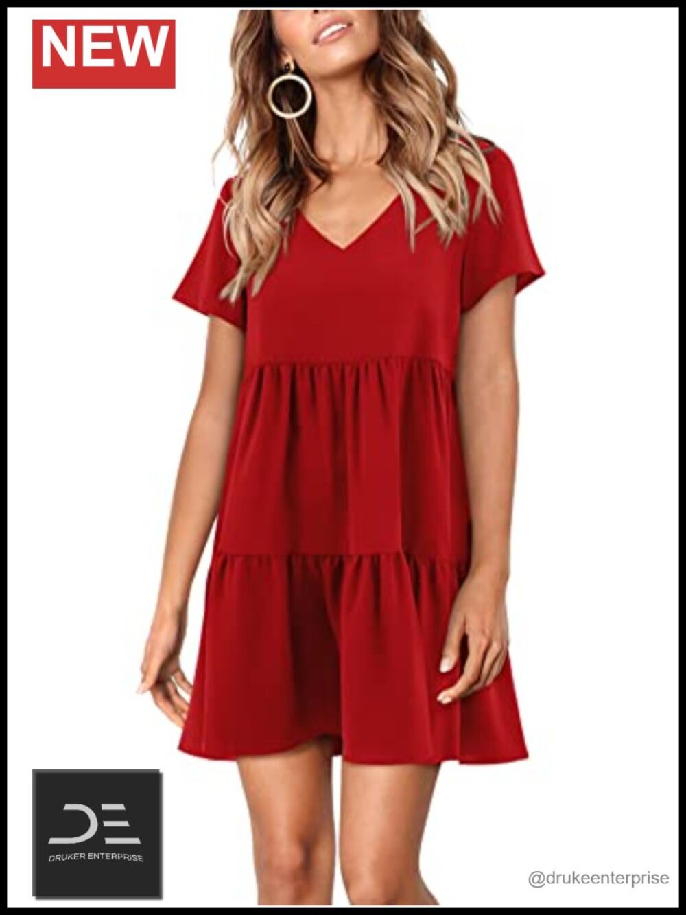 Women's V Neck Short Sleeve Tunic Dress Loose Flowy Swing Shift Dress